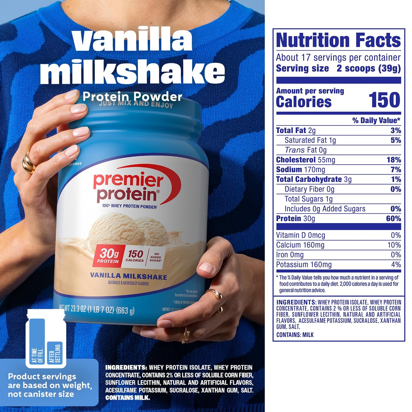 Premier Protein Powder, Vanilla Milkshake, 30g Protein, 1g Sugar, 100% Whey Protein, Keto Friendly, No Soy, Gluten Free, 23.3 oz (17 Servings) - dailyvitalstore