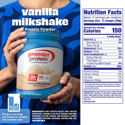 Premier Protein Powder, Vanilla Milkshake, 30g Protein, 1g Sugar, 100% Whey Protein, Keto Friendly, No Soy, Gluten Free, 23.3 oz (17 Servings) - dailyvitalstore