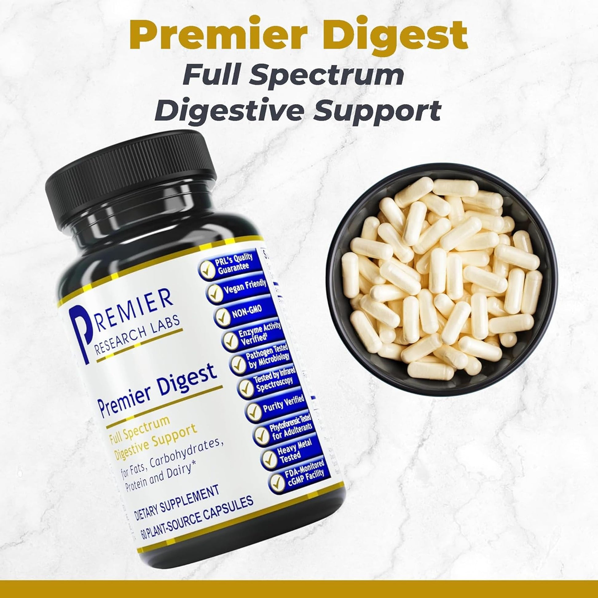 Premier Research Labs Active Digestive Enzymes with Probiotic and Prebiotics - Promotes Full-Spectrum Digestive Support - with Amylase, Protease & Lipase, 60 Plant-Sourced Capsules - dailyvitalstore