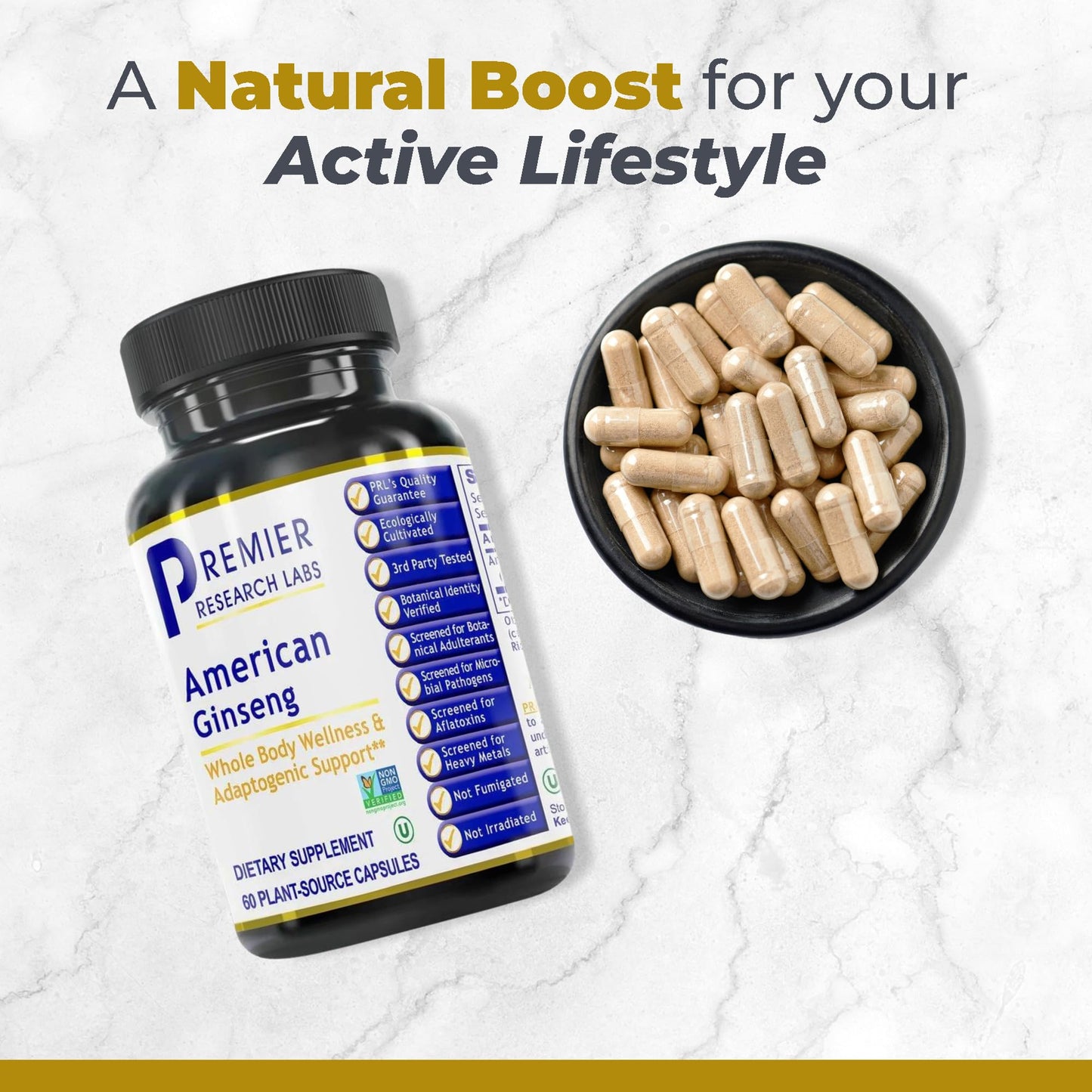 Premier Research Labs American Ginseng Supplement - American Ginseng Capsules, Herbal Ginseng Root Pills, North American Ginseng Herb Extract, Calming Energy Supplement - 60 Plant-Based Capsules - dailyvitalstore