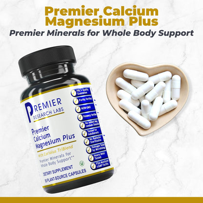 Premier Research Labs Calcium Magnesium Plus - Calcium Magnesium Supplement, Calcium Supplement for Bone Health, with Mushroom Complex - Reishi & Lions Mane - 90 Vegetarian Capsules - dailyvitalstore
