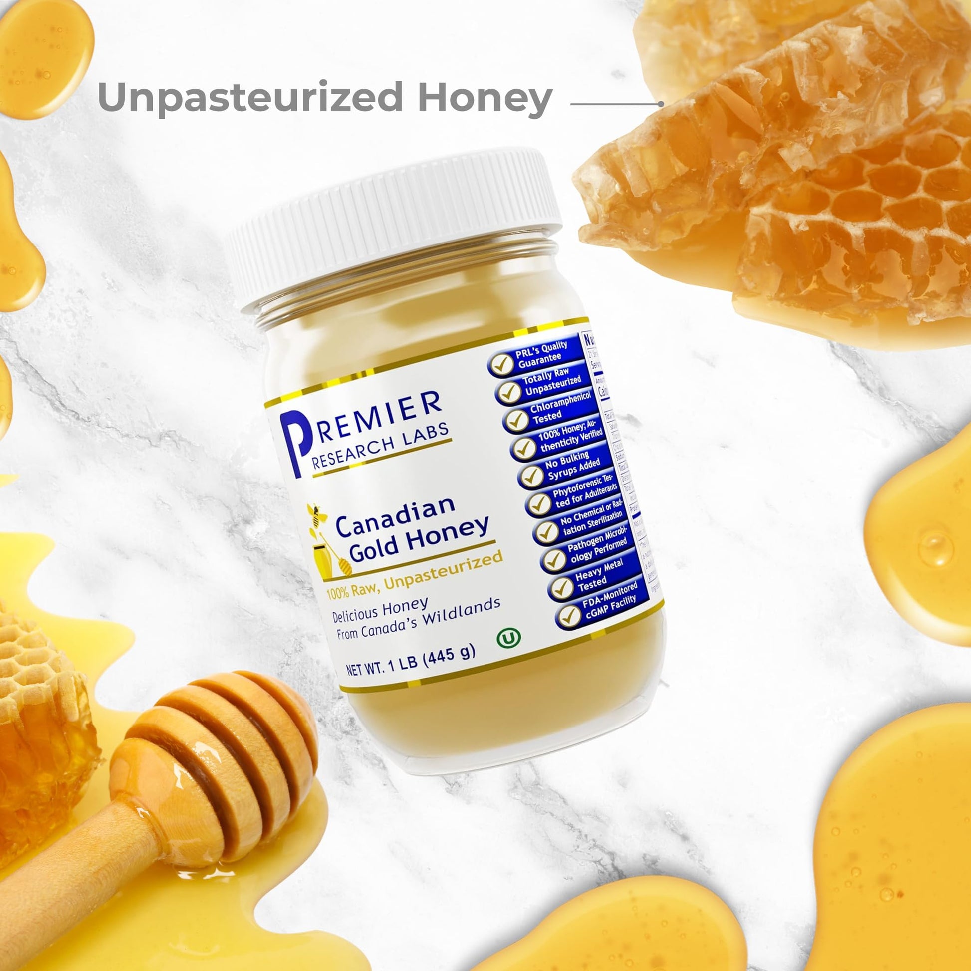Premier Research Labs Canadian Gold Honey - Raw Honey, Pure Honey, Raw Unpasteurized Honey, Unfiltered, 100% Pure, Sugar-Free, Unprocessed Wildflower Honey - 1 lb Jar - dailyvitalstore