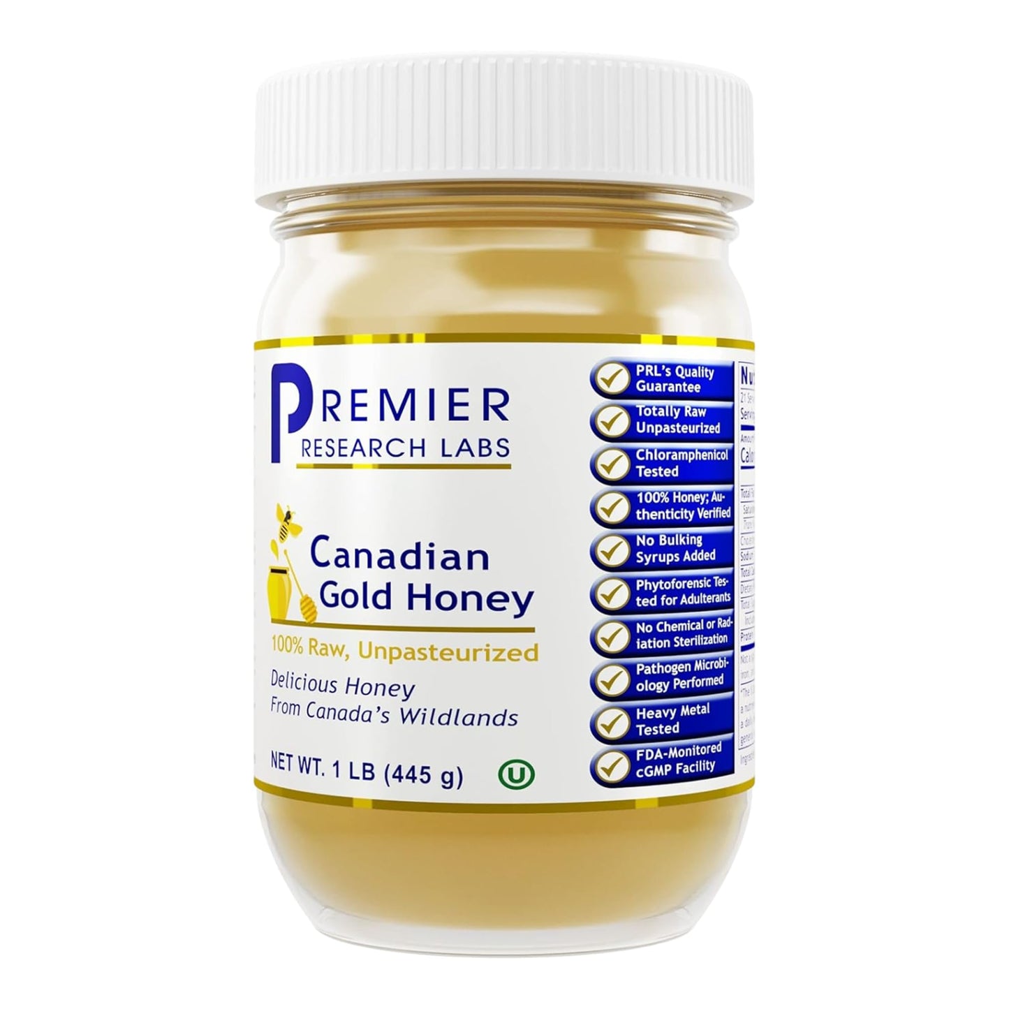 Premier Research Labs Canadian Gold Honey - Raw Honey, Pure Honey, Raw Unpasteurized Honey, Unfiltered, 100% Pure, Sugar-Free, Unprocessed Wildflower Honey - 1 lb Jar - dailyvitalstore