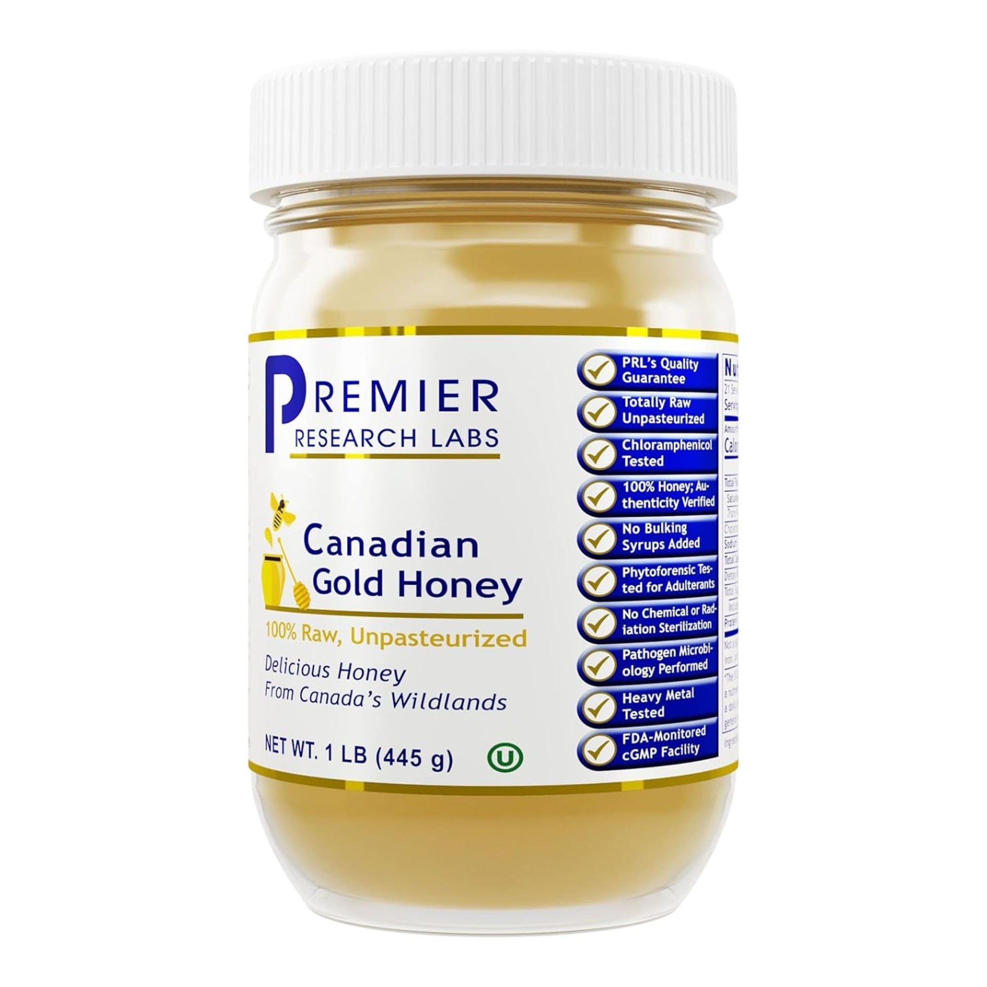 Premier Research Labs Canadian Gold Honey - Raw Honey, Pure Honey, Raw Unpasteurized Honey, Unfiltered, 100% Pure, Sugar-Free, Unprocessed Wildflower Honey - 1 lb Jar - dailyvitalstore
