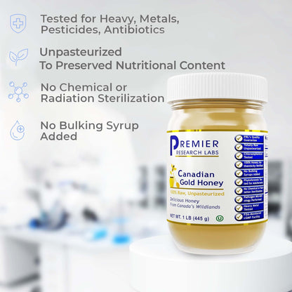 Premier Research Labs Canadian Gold Honey - Raw Honey, Pure Honey, Raw Unpasteurized Honey, Unfiltered, 100% Pure, Sugar-Free, Unprocessed Wildflower Honey - 1 lb Jar - dailyvitalstore