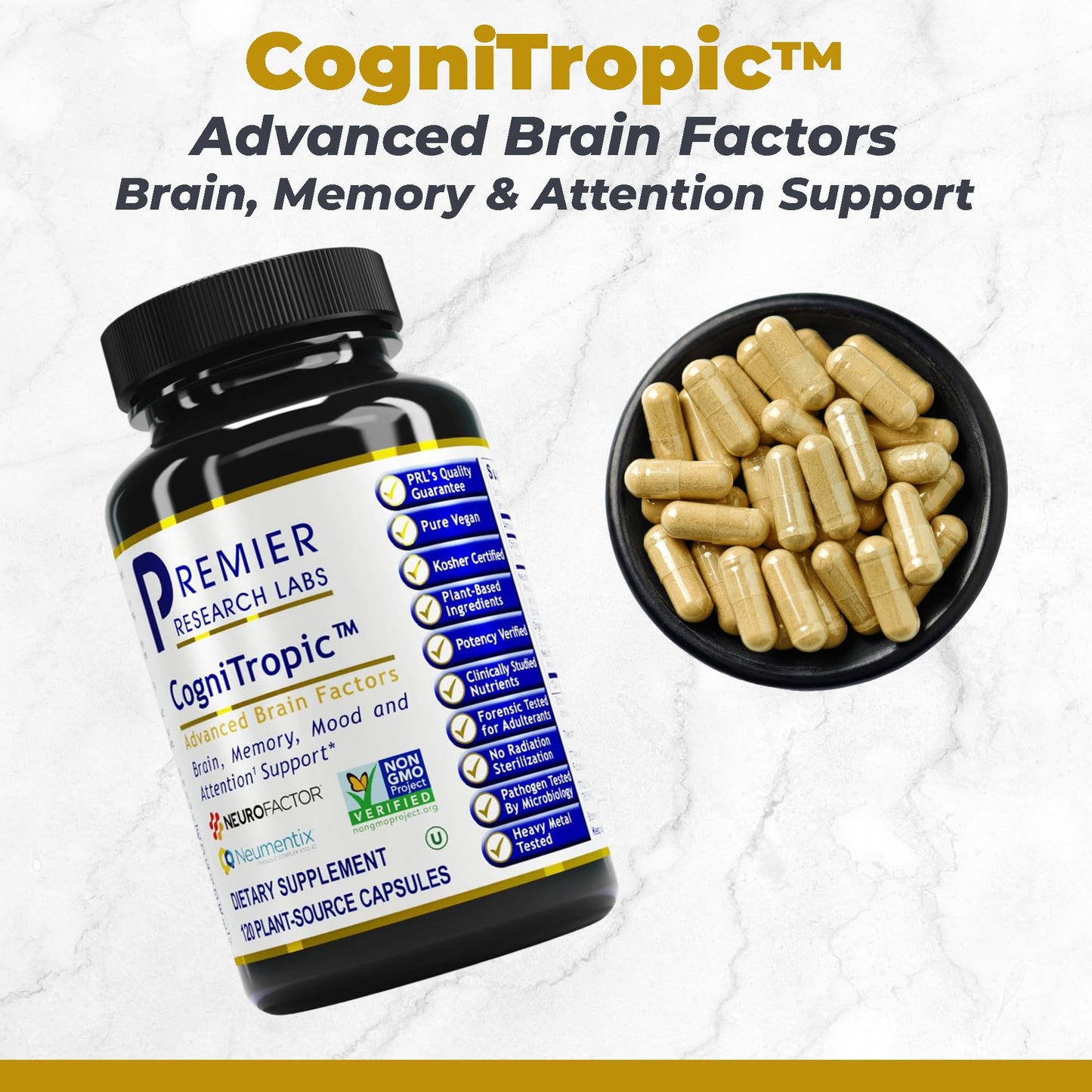 Premier Research Labs Cognitropic - Brain Supplements for Memory and Focus, Focus Supplement, Brain and Memory Power Boost, Clarity Vitamins for Brain, Memory Support - 120 Vegetarian Capsules - dailyvitalstore