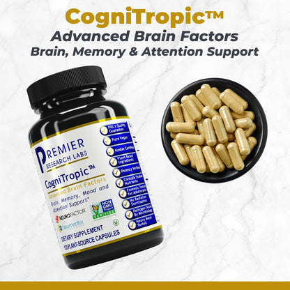 Premier Research Labs Cognitropic - Brain Supplements for Memory and Focus, Focus Supplement, Brain and Memory Power Boost, Clarity Vitamins for Brain, Memory Support - 120 Vegetarian Capsules - dailyvitalstore