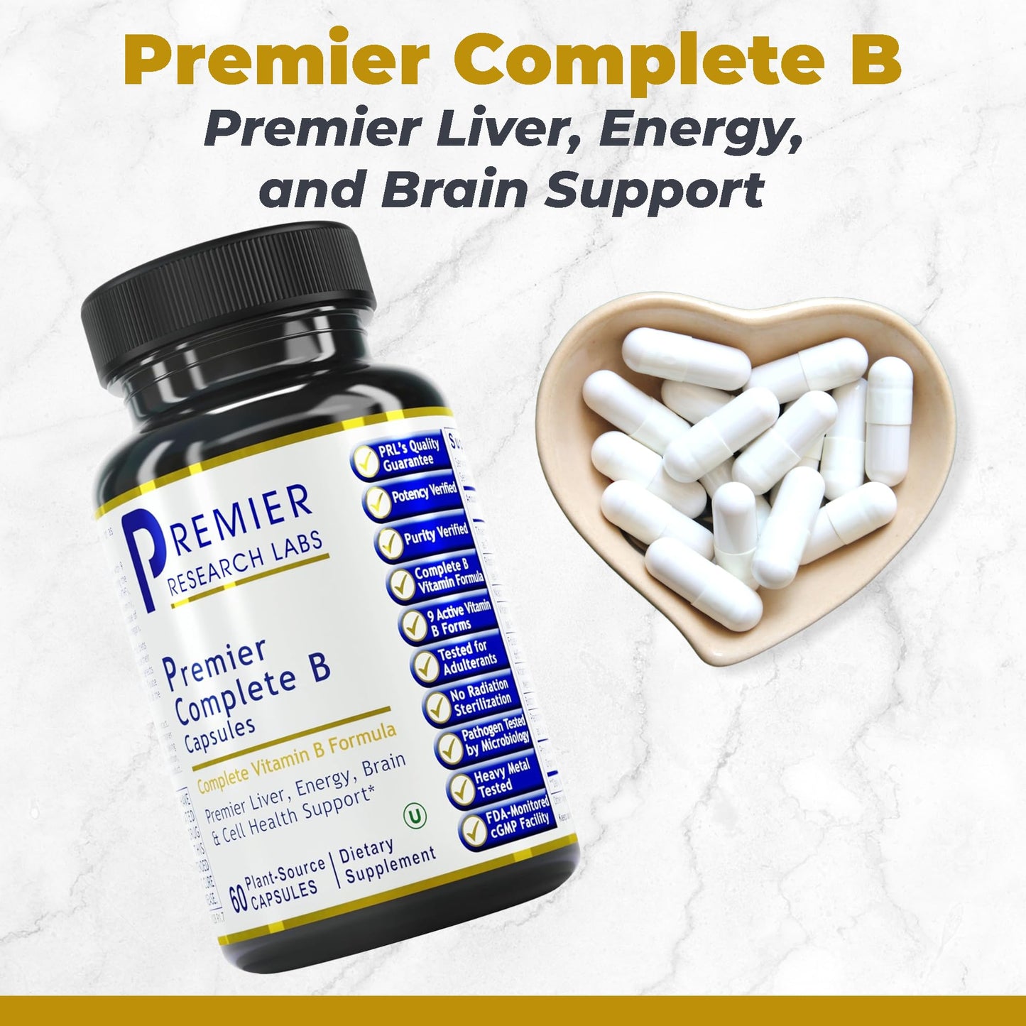 Premier Research Labs Complete B - Vitamin B Complex Supplement for Optimal Health | Vitamin B Supplement with Biotin | 9 Active B Vitamins | for Liver, Energy & Brain Support - 60 Capsules - dailyvitalstore