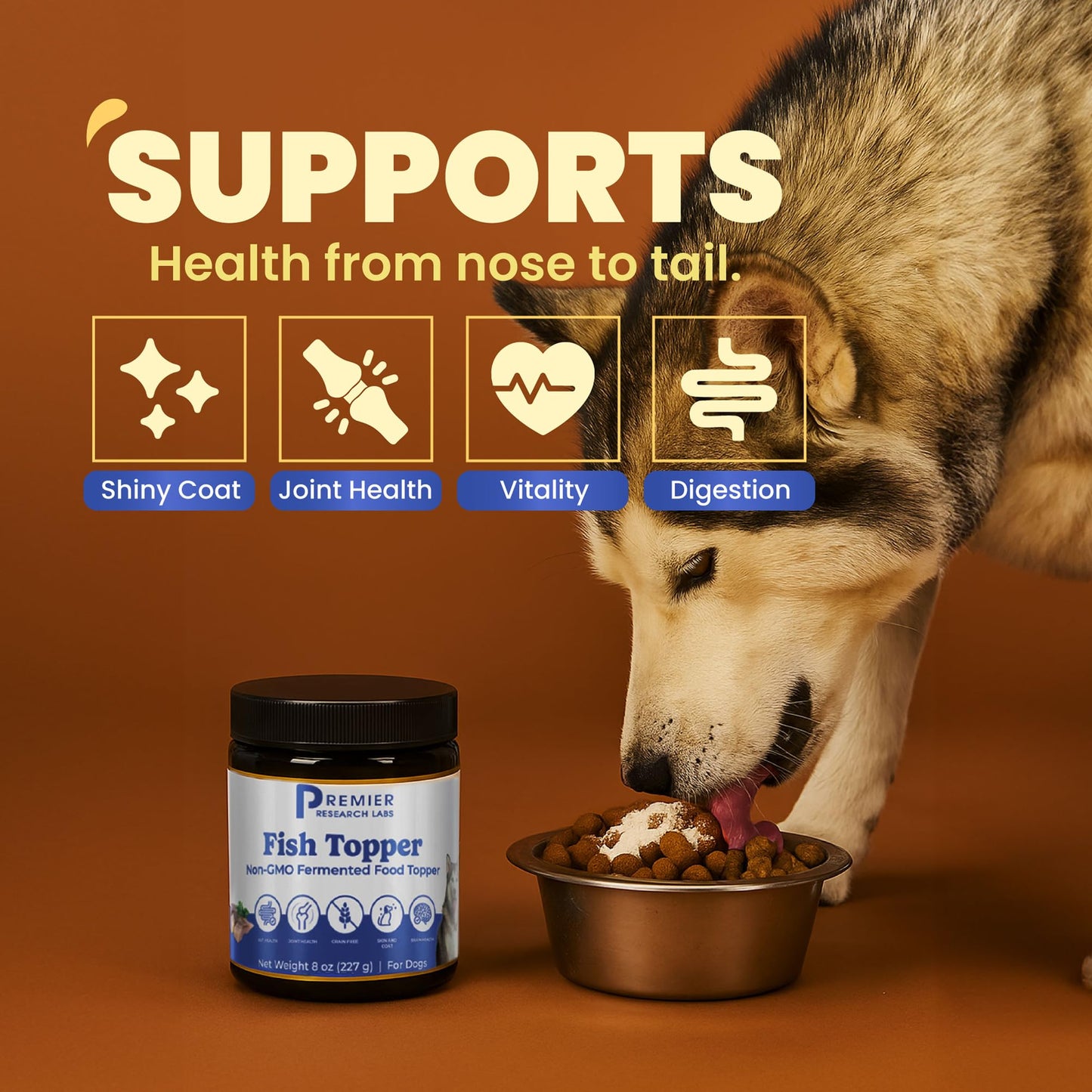 Premier Research Labs Fish Topper - Dried Dog Food Topper for Pets, Meal Mix Ins for Kibble, Supports Gut & Joint Health, Natural Source of Protein, Fermented, Grain Free, Non GMO - 16 oz - dailyvitalstore