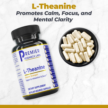 Premier Research Labs L-Theanine Double Strength - Pure L Theanine Supplement 200mg, Focus & Energy Support for Men & Women, Amino Acid for Relaxation, Support for Adults & Kids - 60 Vegan Capsules - dailyvitalstore