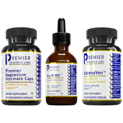 Premier Research Labs Magnesium Glycinate, Max BN-D, & AdrenaVen Supplement Bundle - Pure Magnesium, Liquid Vitamin B Complex for Liver & Brain Health, Adrenal Support for Women & Men - Pack of 3 - dailyvitalstore