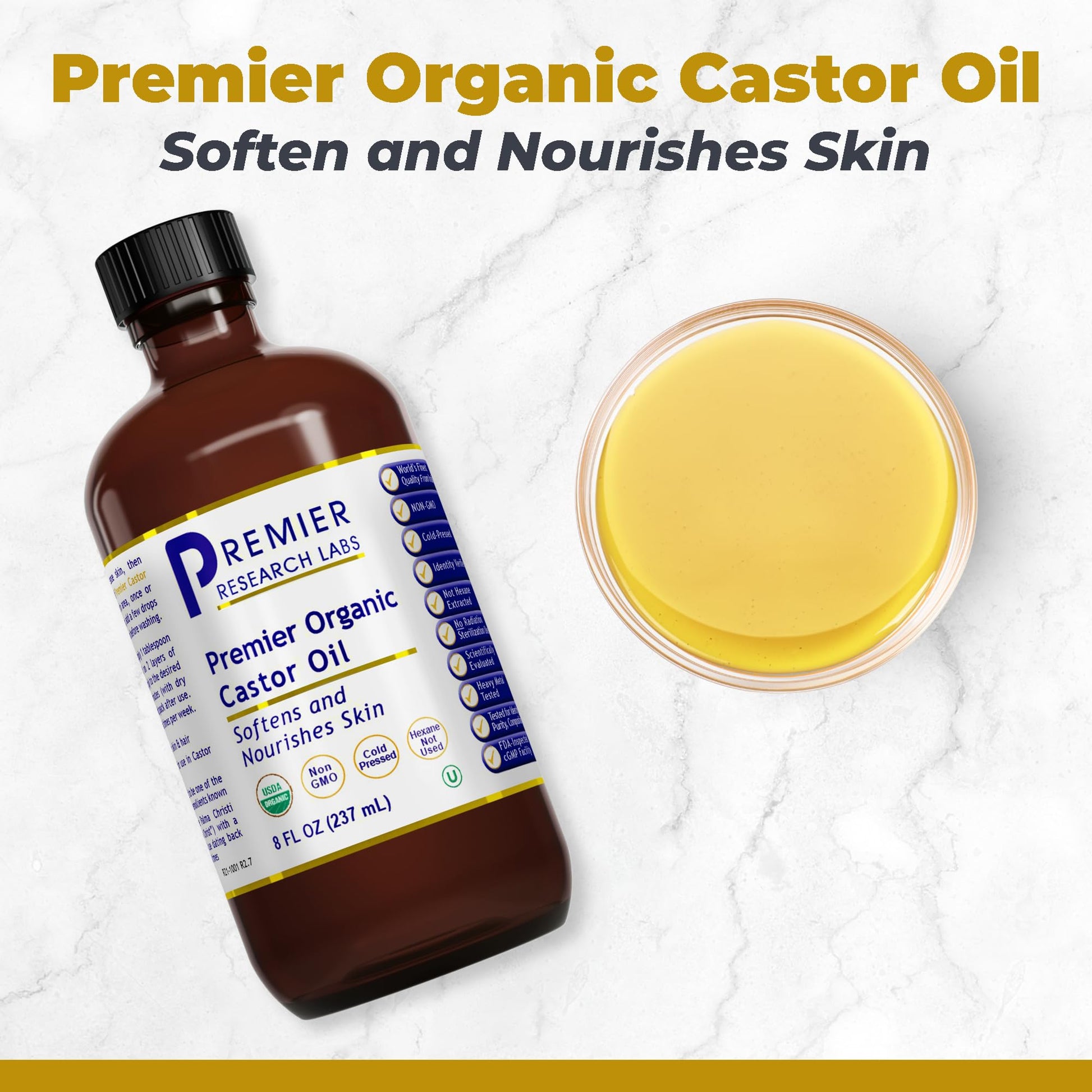 Premier Research Labs Organic Castor Oil for Face - Cold Pressed 100% Pure Castor Oil for Hair Growth, Skin & Body, Hexane Free - 8 Oz Bottle - dailyvitalstore