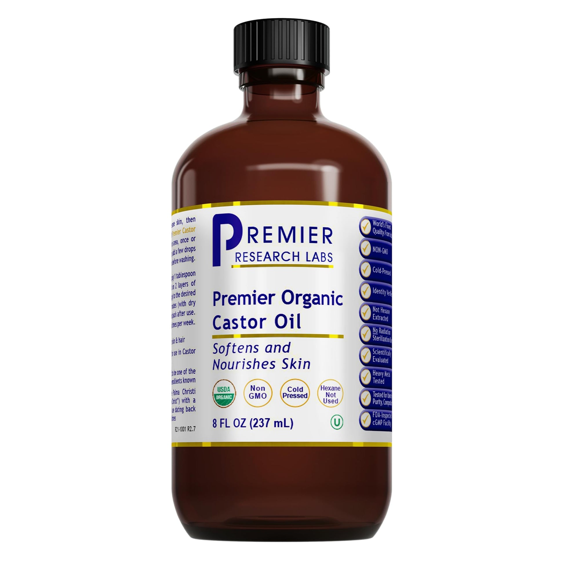 Premier Research Labs Organic Castor Oil for Face - Cold Pressed 100% Pure Castor Oil for Hair Growth, Skin & Body, Hexane Free - 8 Oz Bottle - dailyvitalstore