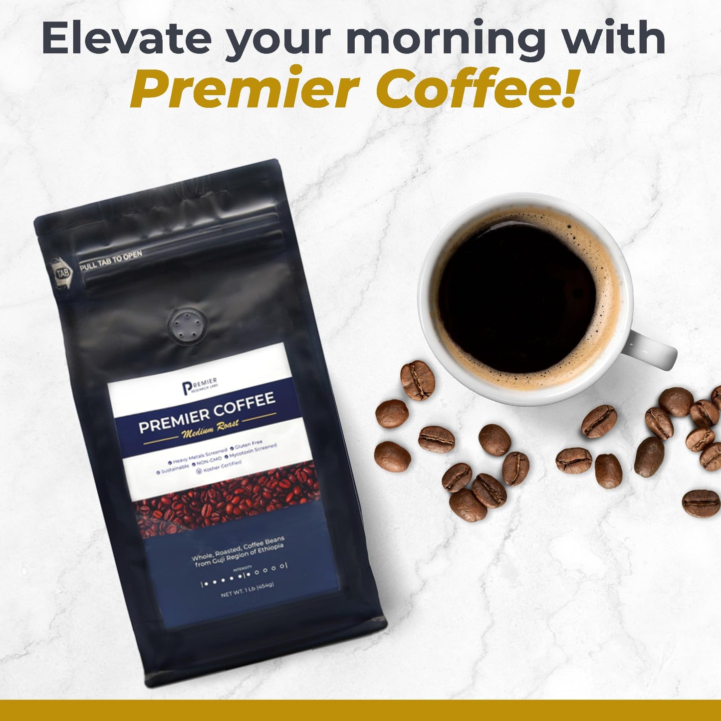 Premier Research Labs Organic Whole Roasted Coffee Beans - Medium Roast, From Guji Region of Ethiopia, Crafted for Optimal Health Benefits, Sweet & Fruity, Well-Balanced, Gluten Free - 1 Pound - dailyvitalstore
