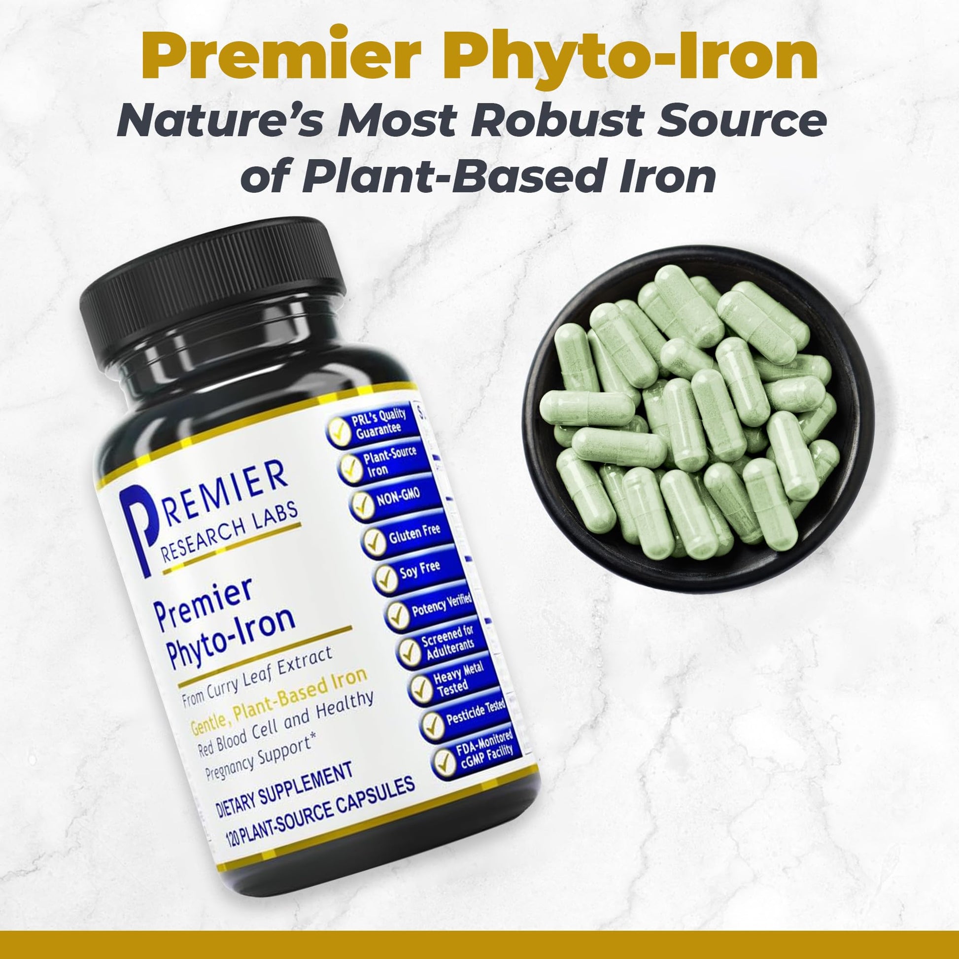 Premier Research Labs Phyto-Iron - Plant Based Iron for Men & Women for Blood Support, Curry Leaves Supplement, Iron Supplements, Non-Heme Iron, 18mg Iron Per Serving - 120 Vegetarian Capsules - dailyvitalstore