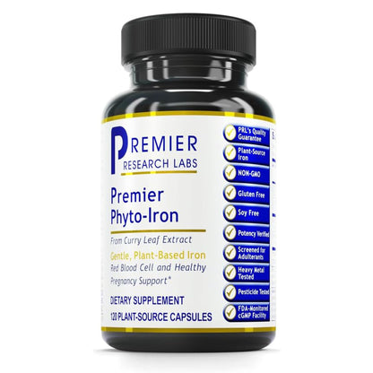 Premier Research Labs Phyto-Iron - Plant Based Iron for Men & Women for Blood Support, Curry Leaves Supplement, Iron Supplements, Non-Heme Iron, 18mg Iron Per Serving - 120 Vegetarian Capsules - dailyvitalstore