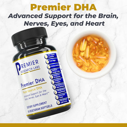 Premier Research Labs Premier DHA - Vegan DHA with Omega 3 Fatty Acids, Algae Based DHA for Women & Men, Natural DHA Supplement Suitable for Vegans- 60 Vegetarian Softgel Capsules - dailyvitalstore