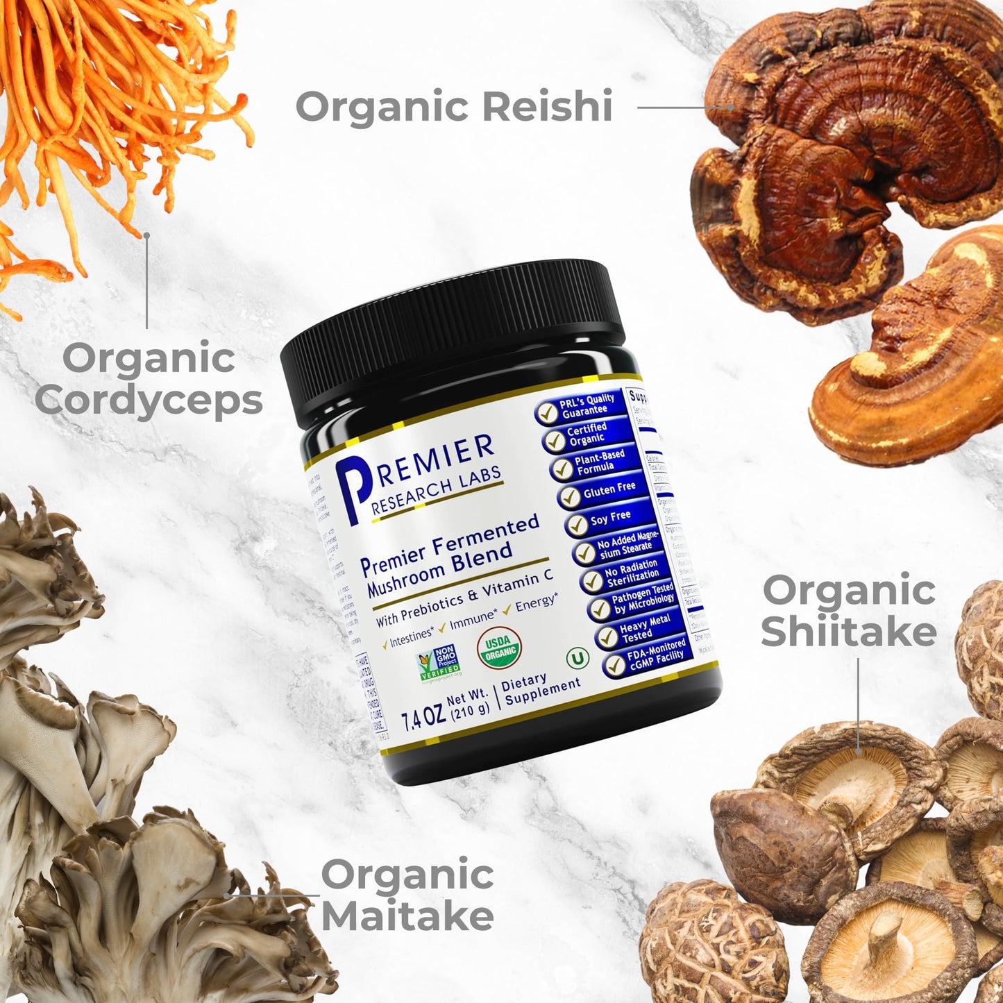 Premier Research Labs Premier Fermented Mushroom Blend - Reishi Mushroom Powder, Mushroom Extract for Drinks, Coffee, Mushroom Complex with Turkey Tail, Cordyceps for Immune & Gut Health - 7.4 oz - dailyvitalstore