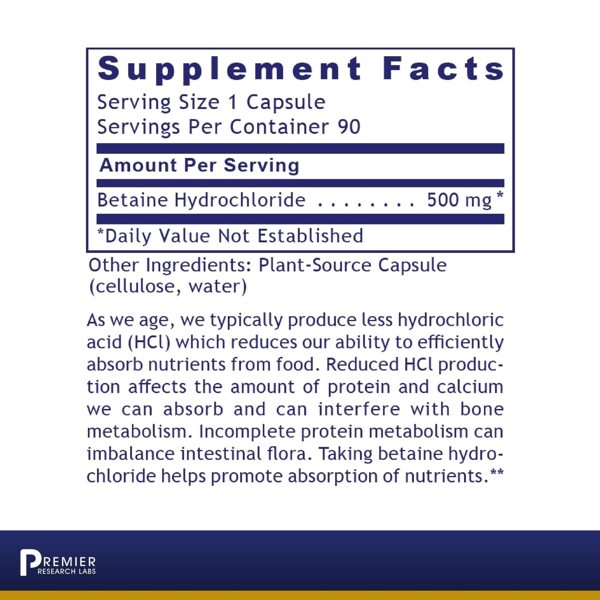 Premier Research Labs Premier HCL - Betaine HCL, Betaine Hydrochloride Supplement for Optimal Digestive Function, Nutrient Absorption, Betaine-HCL for Low Stomach Acid- 90 Vegetarian Capsules - dailyvitalstore
