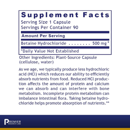 Premier Research Labs Premier HCL - Betaine HCL, Betaine Hydrochloride Supplement for Optimal Digestive Function, Nutrient Absorption, Betaine-HCL for Low Stomach Acid- 90 Vegetarian Capsules - dailyvitalstore