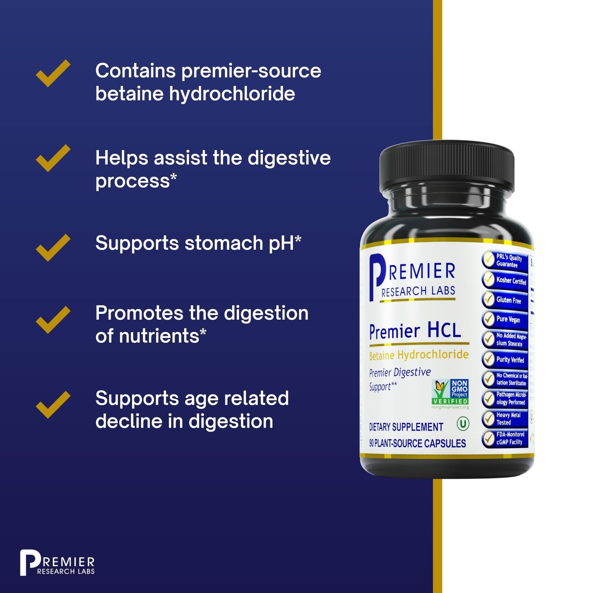 Premier Research Labs Premier HCL - Betaine HCL, Betaine Hydrochloride Supplement for Optimal Digestive Function, Nutrient Absorption, Betaine-HCL for Low Stomach Acid- 90 Vegetarian Capsules - dailyvitalstore