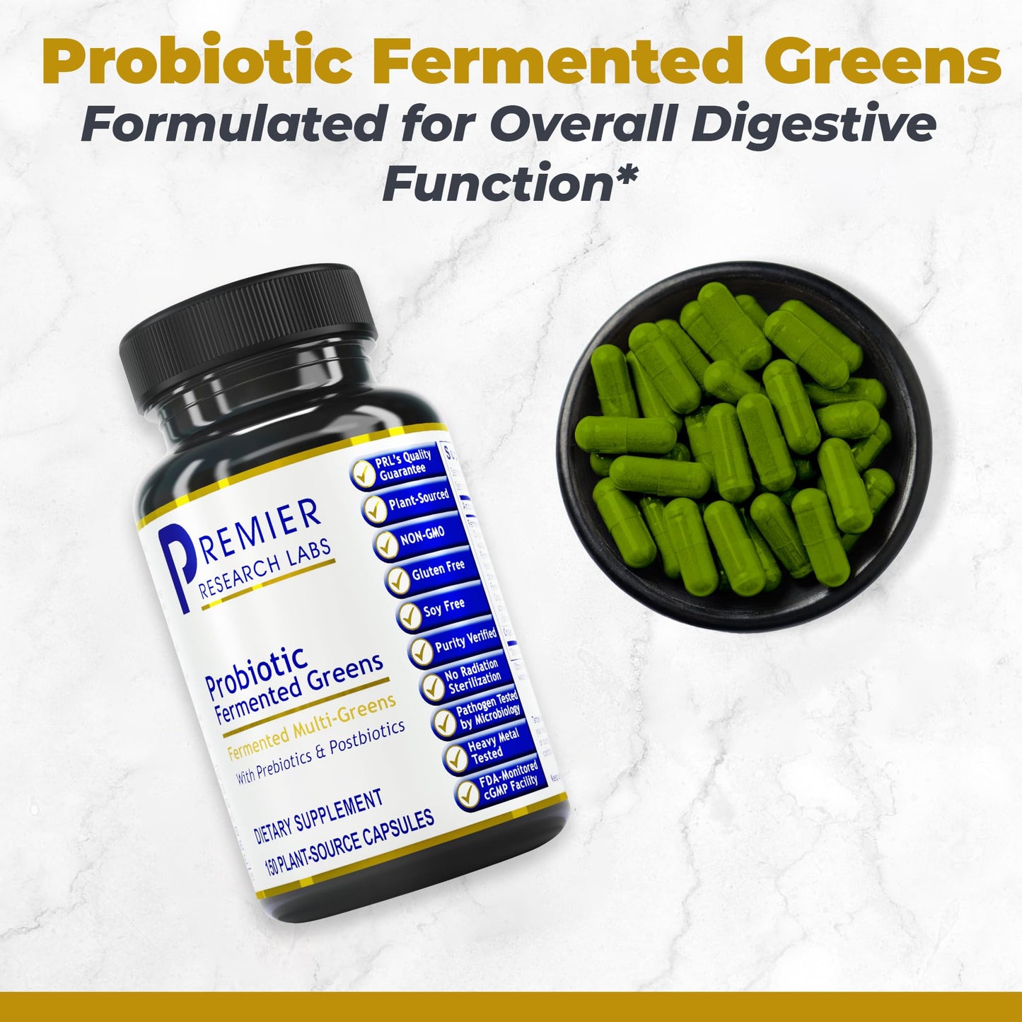 Premier Research Labs Probiotic Fermented Greens - Super Greens Supplement, Superfood Blend, Organic Vitamins with Probiotic - Daily Greens with Spinach, Chlorella, & More - 150 Powder Filled Capsules - dailyvitalstore