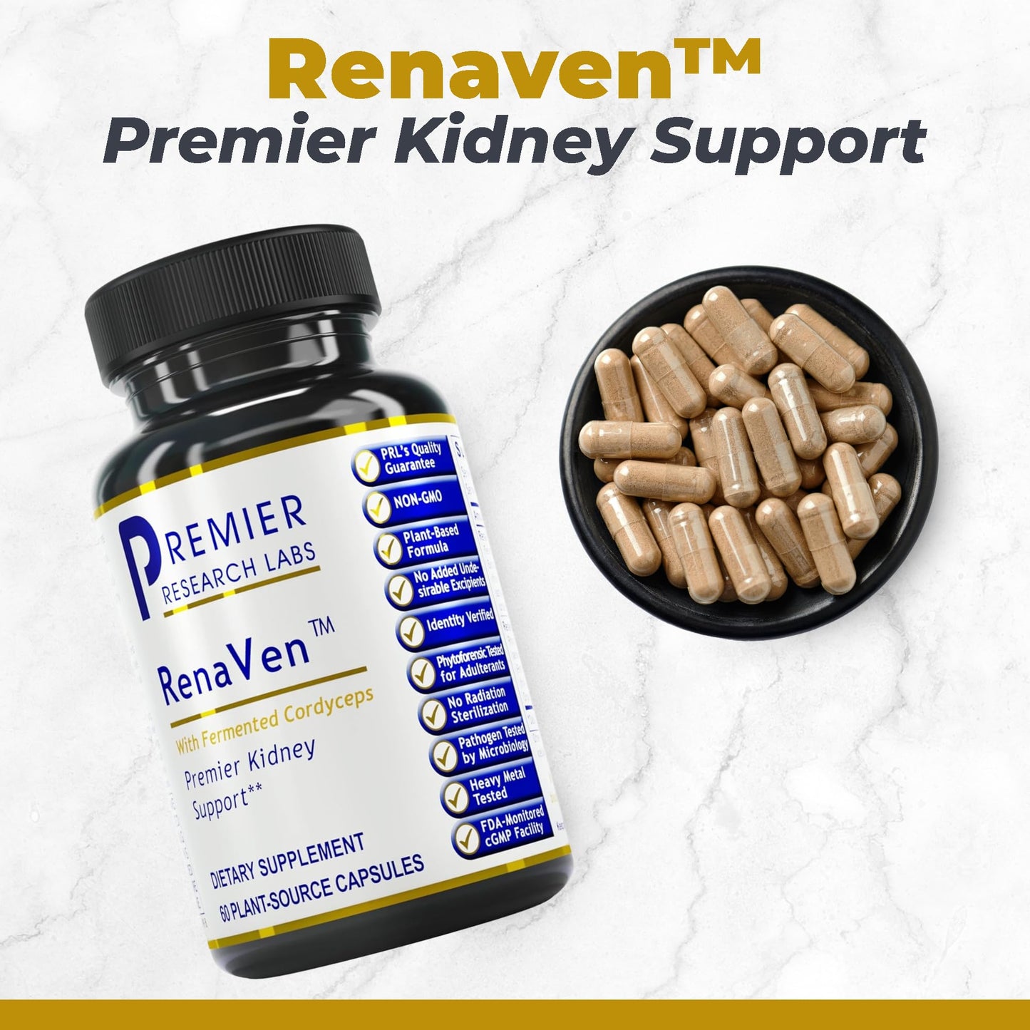 Premier Research Labs RenaVen - Premier Kidney Support for Kidney Cleanse Detox and Repair | Improve Kidney Function and Urinary Support with Fermented Cordyceps - 60 Plant-Source Capsules - dailyvitalstore