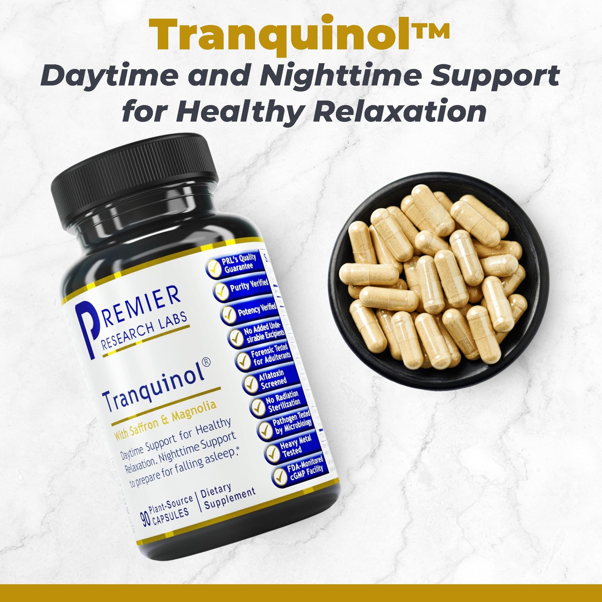 Premier Research Labs Tranquinol - Natural Sleep Aid Supplement for Deep Sleep Support and Calm Mind | Magnesium, Turmeric, Lemon Balm & Saffron Extract - Pure Vegan - 90 Plant-Source Capsules - dailyvitalstore