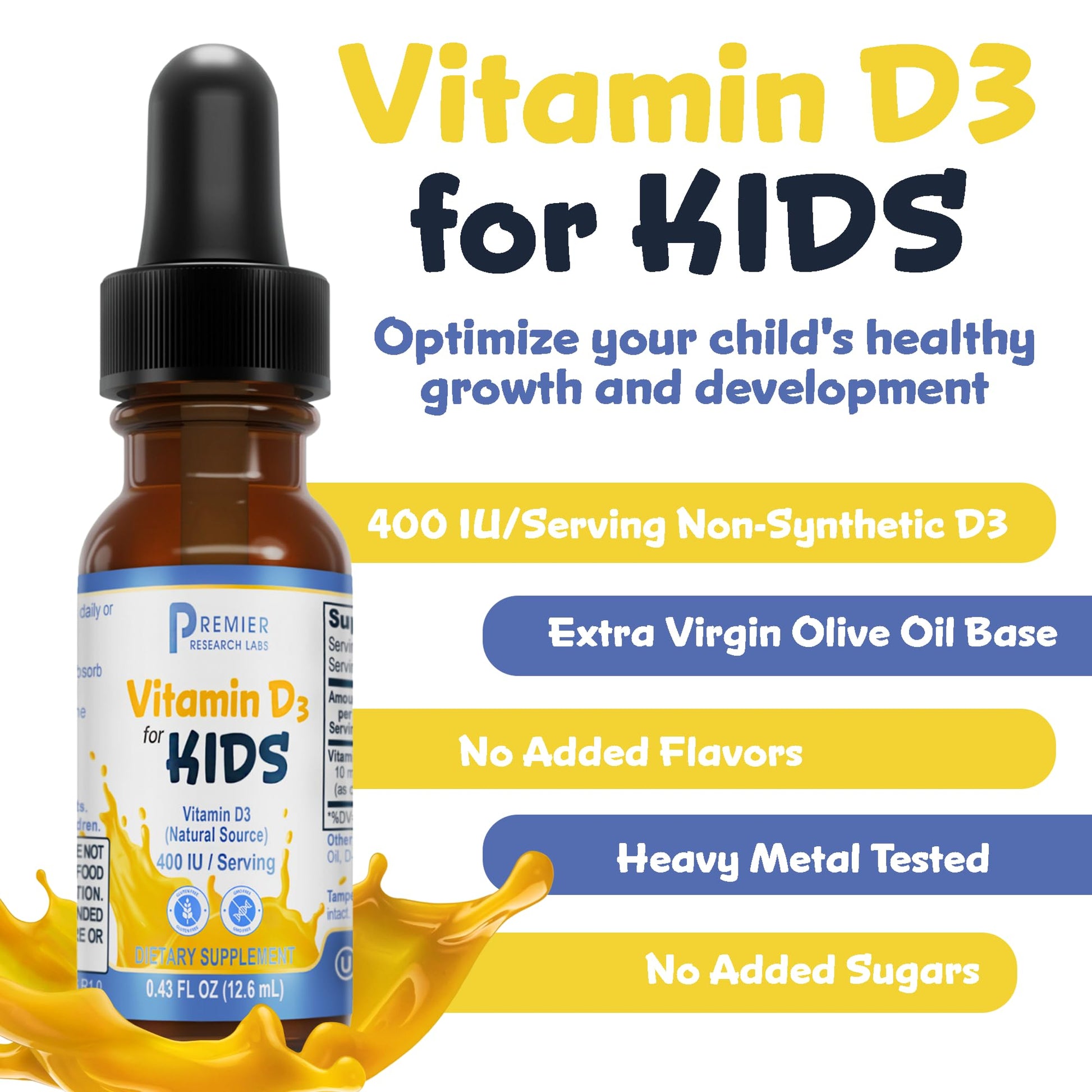 Premier Research Labs Vitamin D3 for Kids - Vitamin D Drops for Children, Kids Liquid Vitamin D, 400 IU Per Serving, Supports Healthy Brain Development - 0.43 fl oz - dailyvitalstore