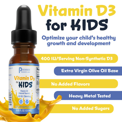 Premier Research Labs Vitamin D3 for Kids - Vitamin D Drops for Children, Kids Liquid Vitamin D, 400 IU Per Serving, Supports Healthy Brain Development - 0.43 fl oz - dailyvitalstore
