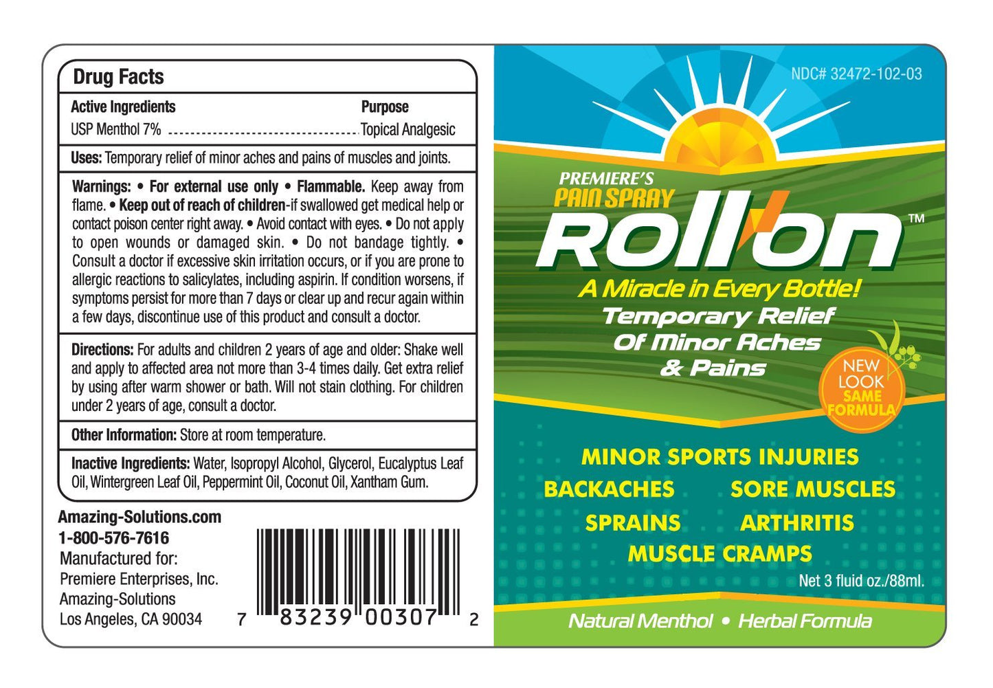 Premiere's Pain Spray All-Natural Menthol & Peppermint Roller Herbal Blend for Joint and Nerve Pain, Muscle Soreness, Sprains, Cramps, Sports Injuries, Back Pain & Neck Shoulder Aches - 1 Pack - dailyvitalstore