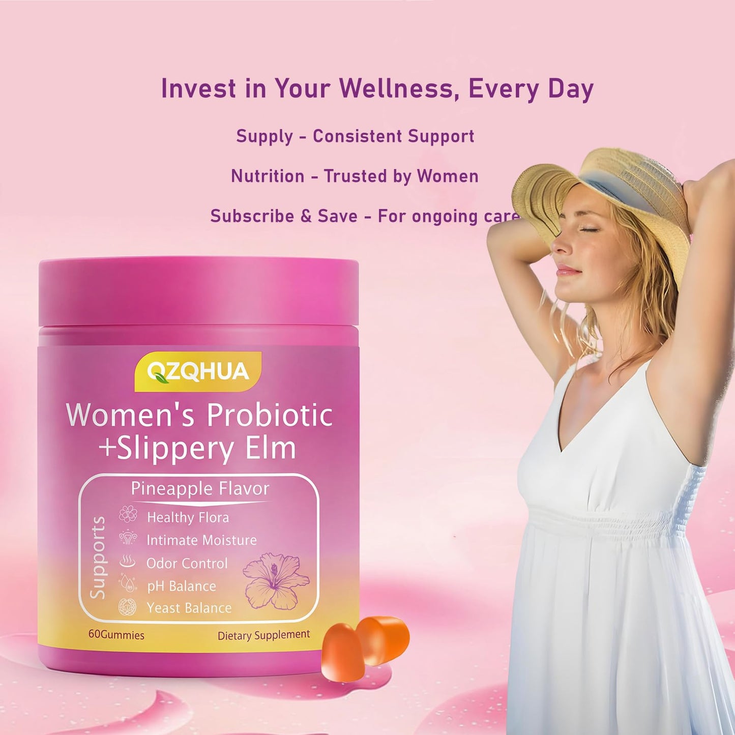 Premium Feminine Balance Gummies for Women - 60 Gummies, Hawaiian Pineapple Flavor - with Probiotics & Vitamin C - Supports Feminine Wellness & Healthy Balance - Gluten Free, Vegan（30 Servings）（Q2） - dailyvitalstore