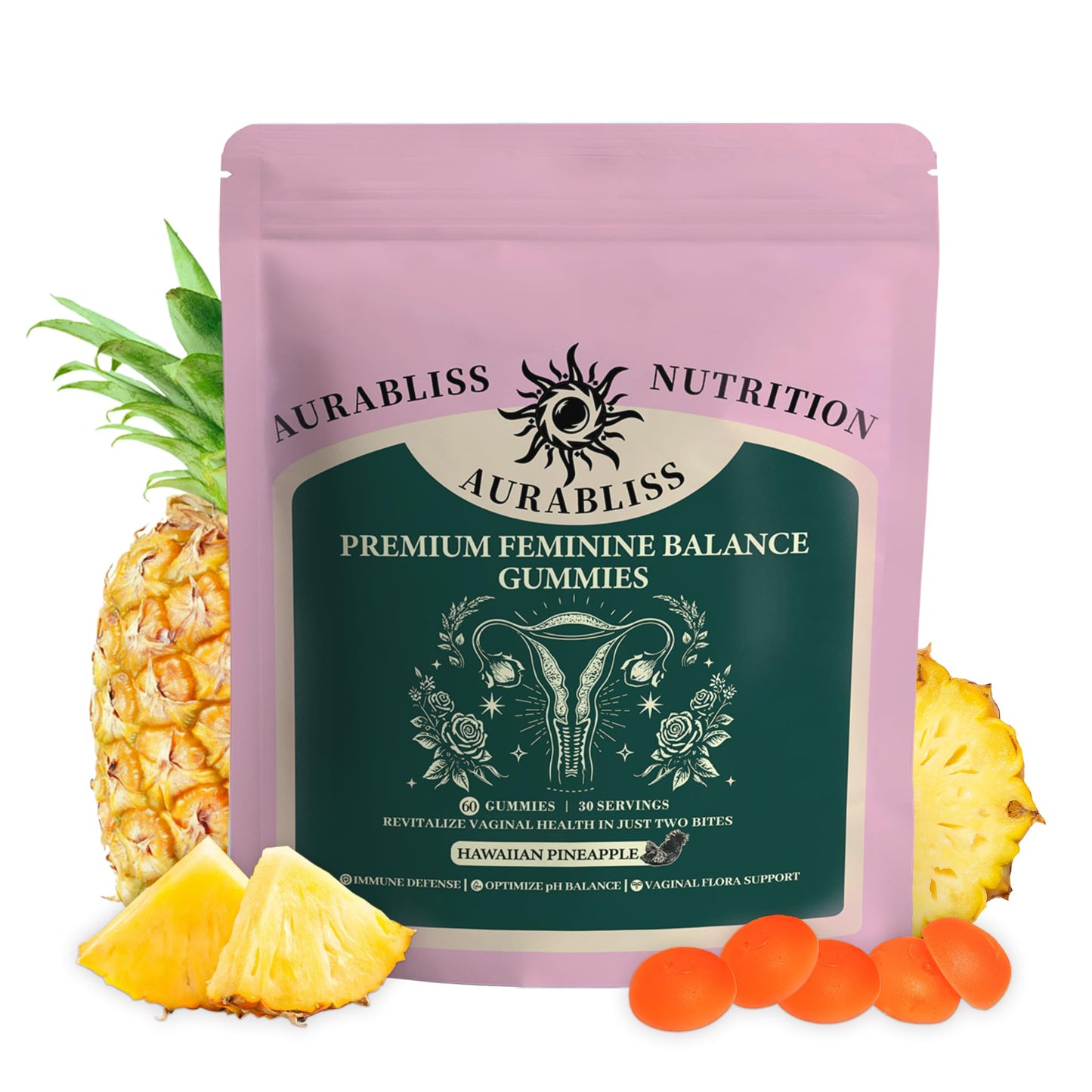 Premium Feminine Balance Gummies for Women - Hawaiian Pineapple Gummies for Women PH Balance Wellness, Immune Support, Vegan Daily Supplement for Odor and Flora Health , 60 Counts - 30 Servings - dailyvitalstore