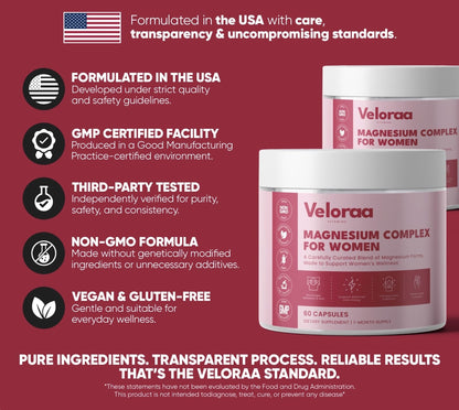 Premium Magnesium Complex for Women 60 Capsules | Complete 3-in-1 with Magnesium Glycinate Citrate & Malate Supports Calm, Digestion, Energy Vegan & Non-GMO Supplement | Veloraa - dailyvitalstore