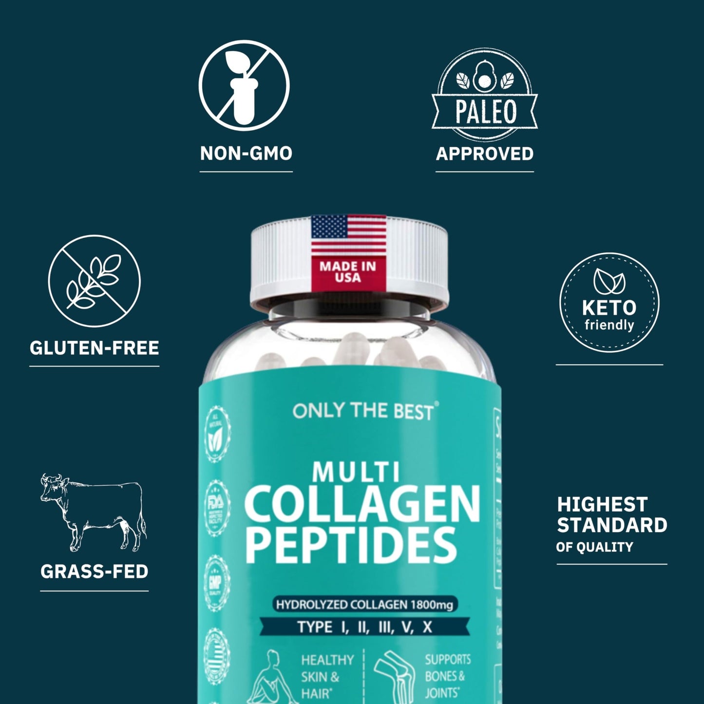 Premium Multi Collagen Peptides Capsules 1800mg - Types I, II, III, V, X To Support Skin, Hair, Nails - Helps Bones, Joints, Muscles, & Digestive Health - dailyvitalstore