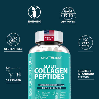 Premium Multi Collagen Peptides Capsules 1800mg - Types I, II, III, V, X To Support Skin, Hair, Nails - Helps Bones, Joints, Muscles, & Digestive Health - dailyvitalstore