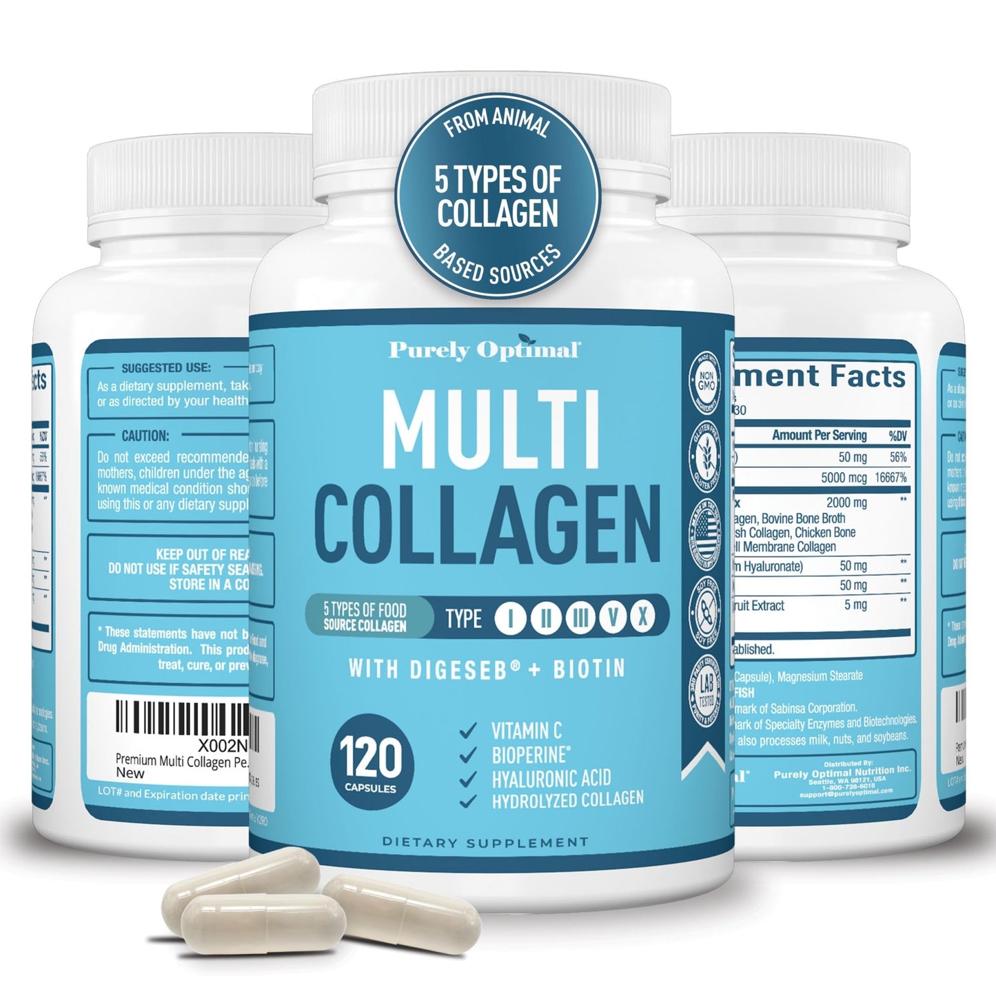 Premium Multi Collagen Peptides (Types I, II, II, V, X) - Collagen Pills for Skin Care, Hair Growth, Nails & Joints - Vitamin C, Hyaluronic Acid - dailyvitalstore