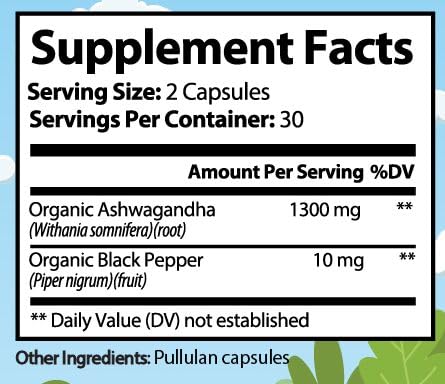 Premium Organic Ashwagandha with Black Pepper - 1300mg per Serving, 60 Capsules - Made in USA, FDA Registered Facility - Enhanced Absorption with Piperine for Optimal Performance - dailyvitalstore