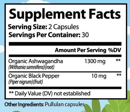 Premium Organic Ashwagandha with Black Pepper - 1300mg per Serving, 60 Capsules - Made in USA, FDA Registered Facility - Enhanced Absorption with Piperine for Optimal Performance - dailyvitalstore
