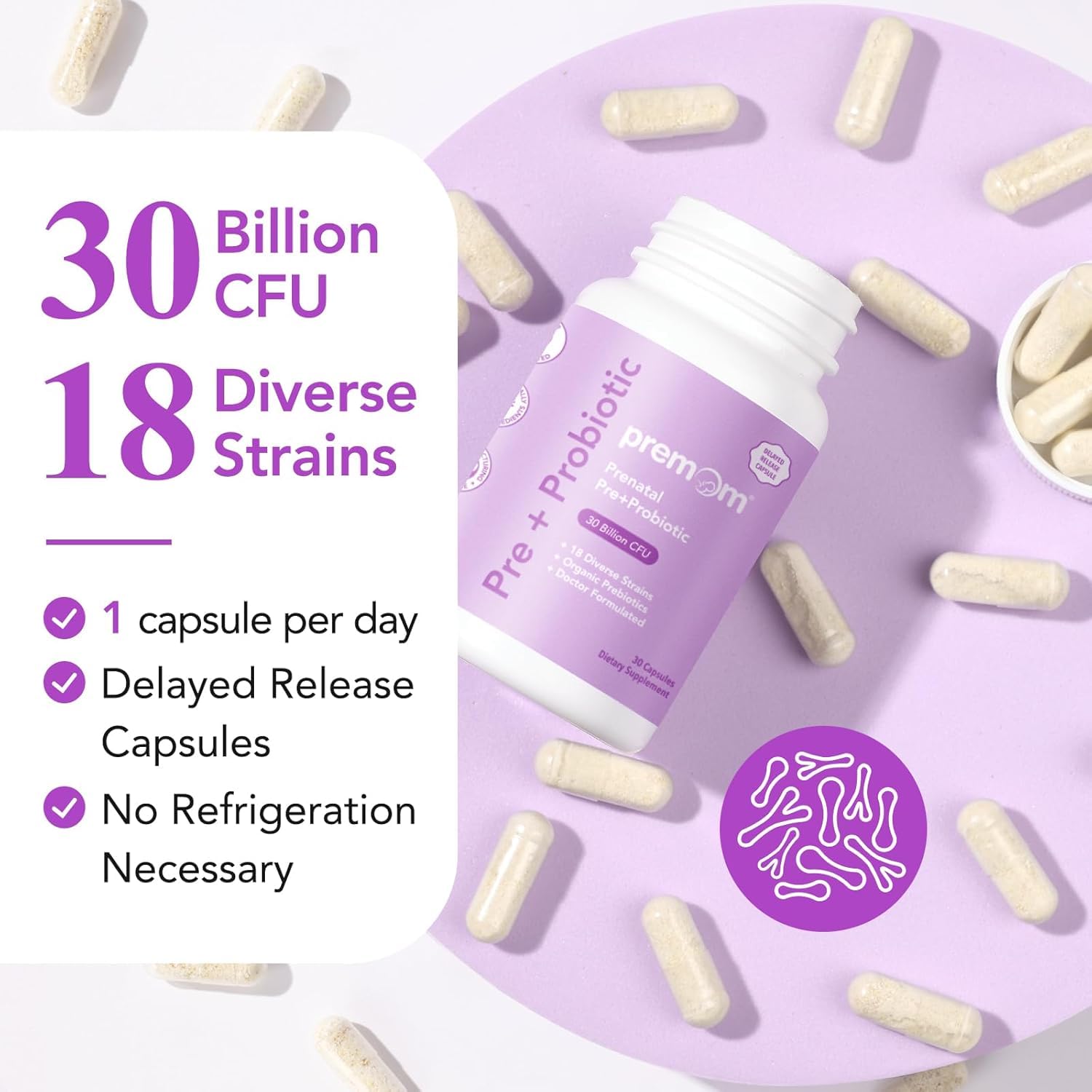 Premom Prenatal Prebiotics & Probiotics for Women, 30 Billion CFU, 18 Strains, Organic Prebiotic & Womens Probiotic, Vaginal, Gut, & Digestive Health + Immune Support Supplement - dailyvitalstore