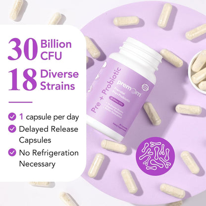 Premom Prenatal Prebiotics & Probiotics for Women, 30 Billion CFU, 18 Strains, Organic Prebiotic & Womens Probiotic, Vaginal, Gut, & Digestive Health + Immune Support Supplement - dailyvitalstore