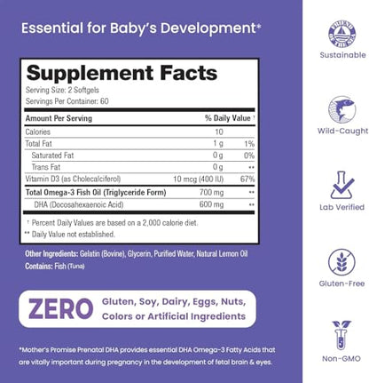 Prenatal DHA for Women 600mg + 400 IU Vitamin D3 | 120 Softgels | Supports Brain Health | Triglyceride Omega 3 Fish Oil DHA Prenatal Vitamins for Pregnancy & Nursing | 300mg per Capsule - dailyvitalstore