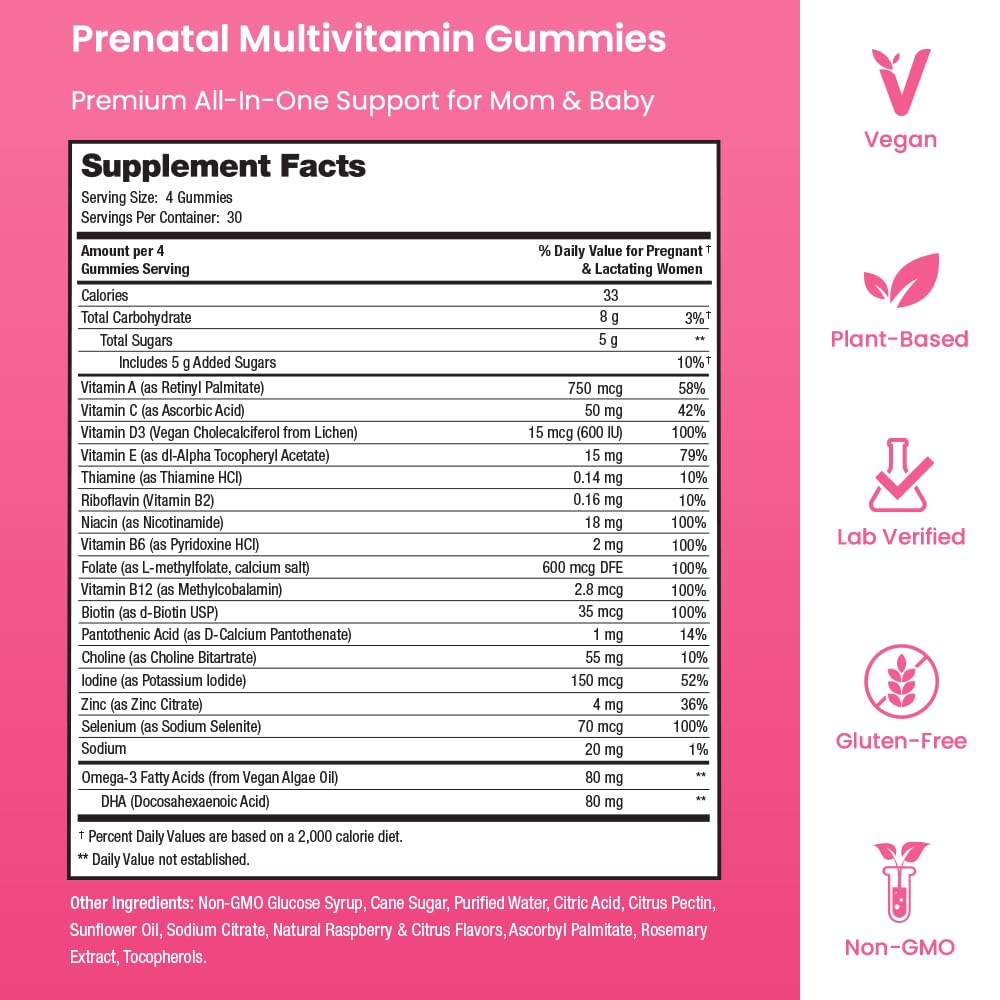 Prenatal Vitamin Gummies with DHA | Vegan Prenatal Vitamins for Women with Omega 3, Methylfolate, Choline & D3, Pregnancy Vitamins for Fetal Development - dailyvitalstore
