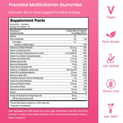 Prenatal Vitamin Gummies with DHA | Vegan Prenatal Vitamins for Women with Omega 3, Methylfolate, Choline & D3, Pregnancy Vitamins for Fetal Development - dailyvitalstore