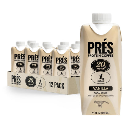 Prés, Protein Coffee, Vanilla, High Protein, Real Cold Brew, 20g Protein, 1g Sugar, 100 Calories, No Added Sugar, Coffee, Protein, Kosher, Soy Free, Nut Free, Non-GMO, Low Carb (12 Pack) - dailyvitalstore