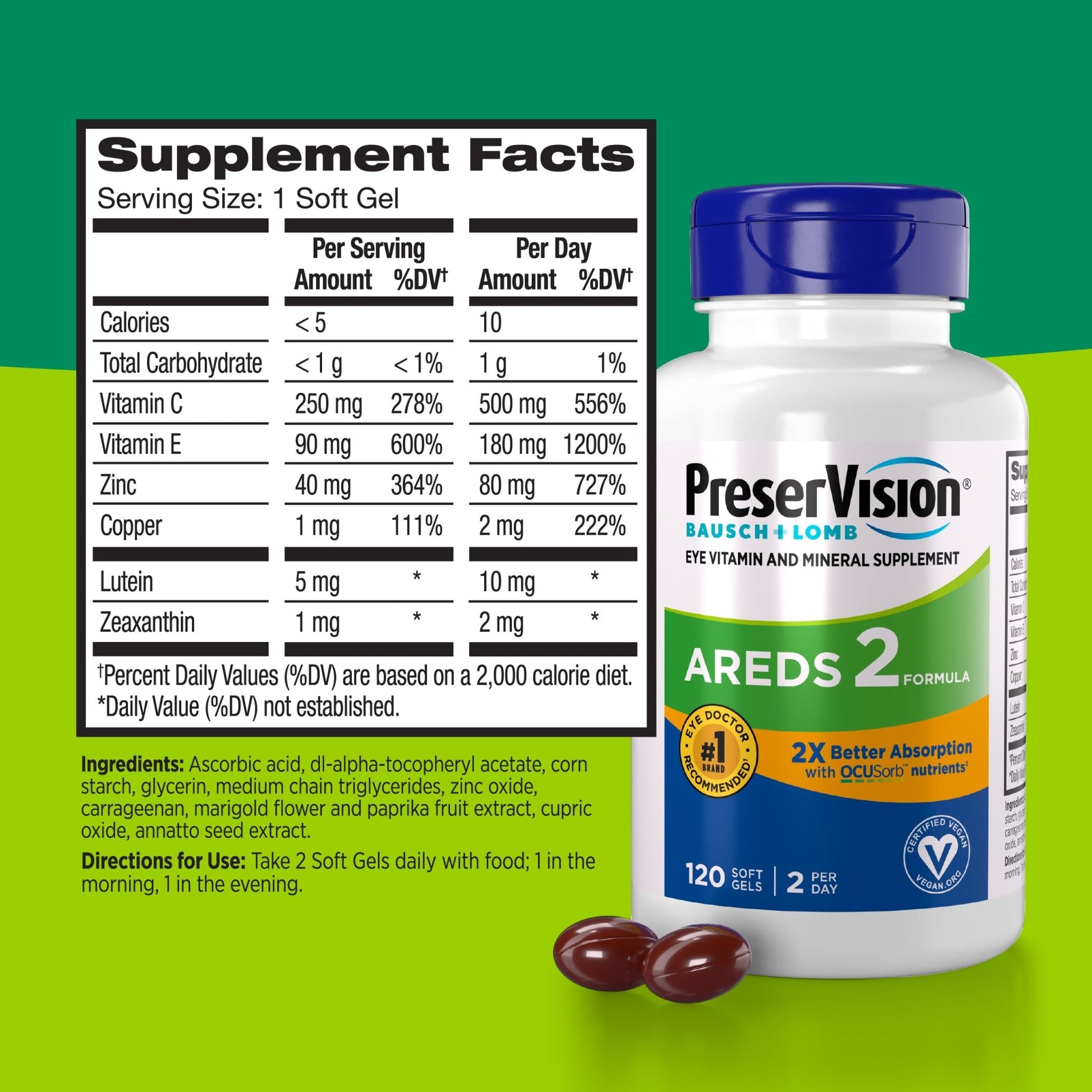 PreserVision AREDS 2 Eye Vitamin & Mineral Supplement with OCUSorb, 120 Vegan Soft Gels, Contains Lutein, Zeaxanthin, Vitamin C & E, Zinc, & Copper, Eye Health Supplements for Adults - dailyvitalstore