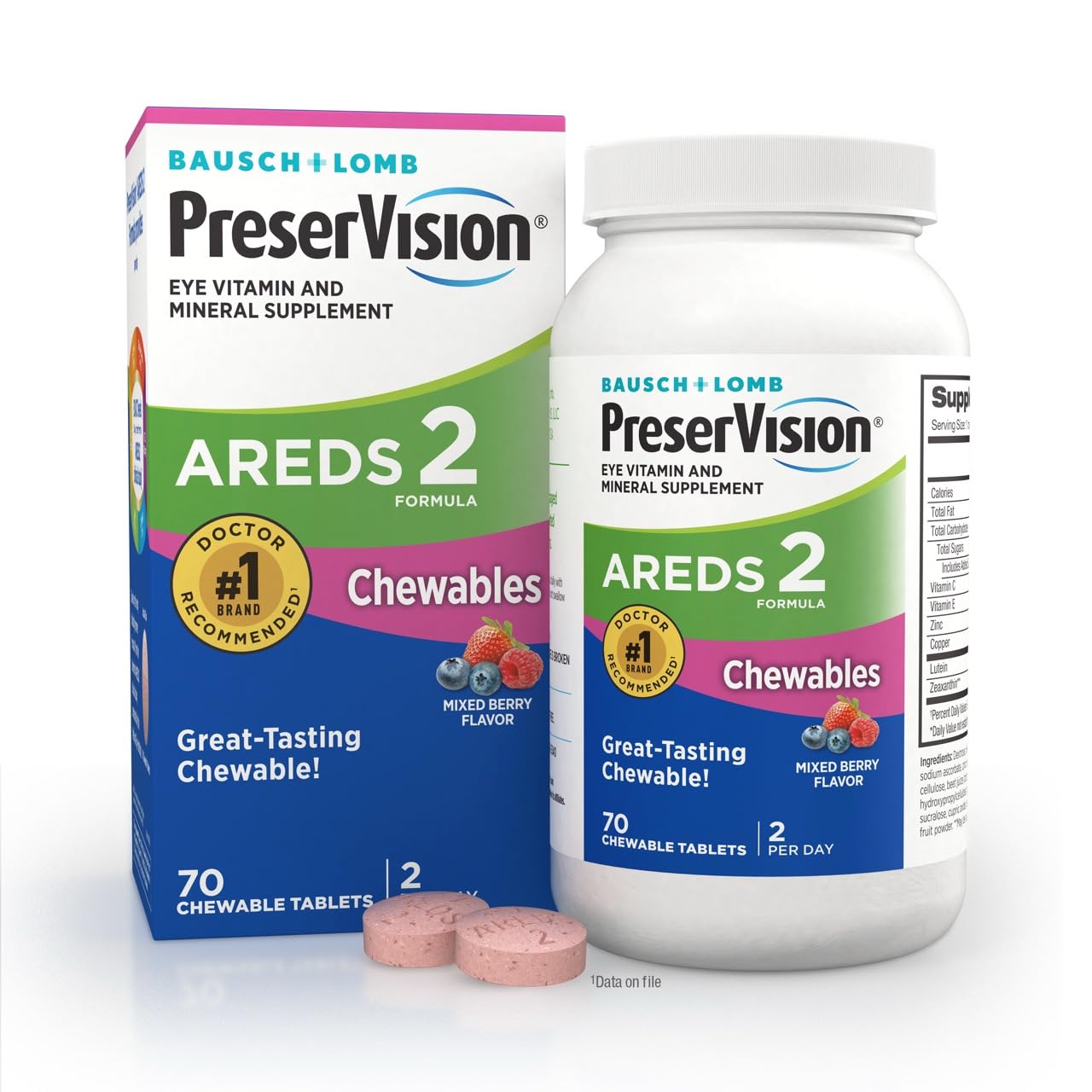 PreserVision AREDS 2 Eye Vitamins, 1 Eye Doctor Recommended Brand, Chewable Lutein and Zeaxanthin Supplement with Vitamin C, Vitamin E,Zinc, and Copper, Mixed Berry, 70 Tablets - dailyvitalstore