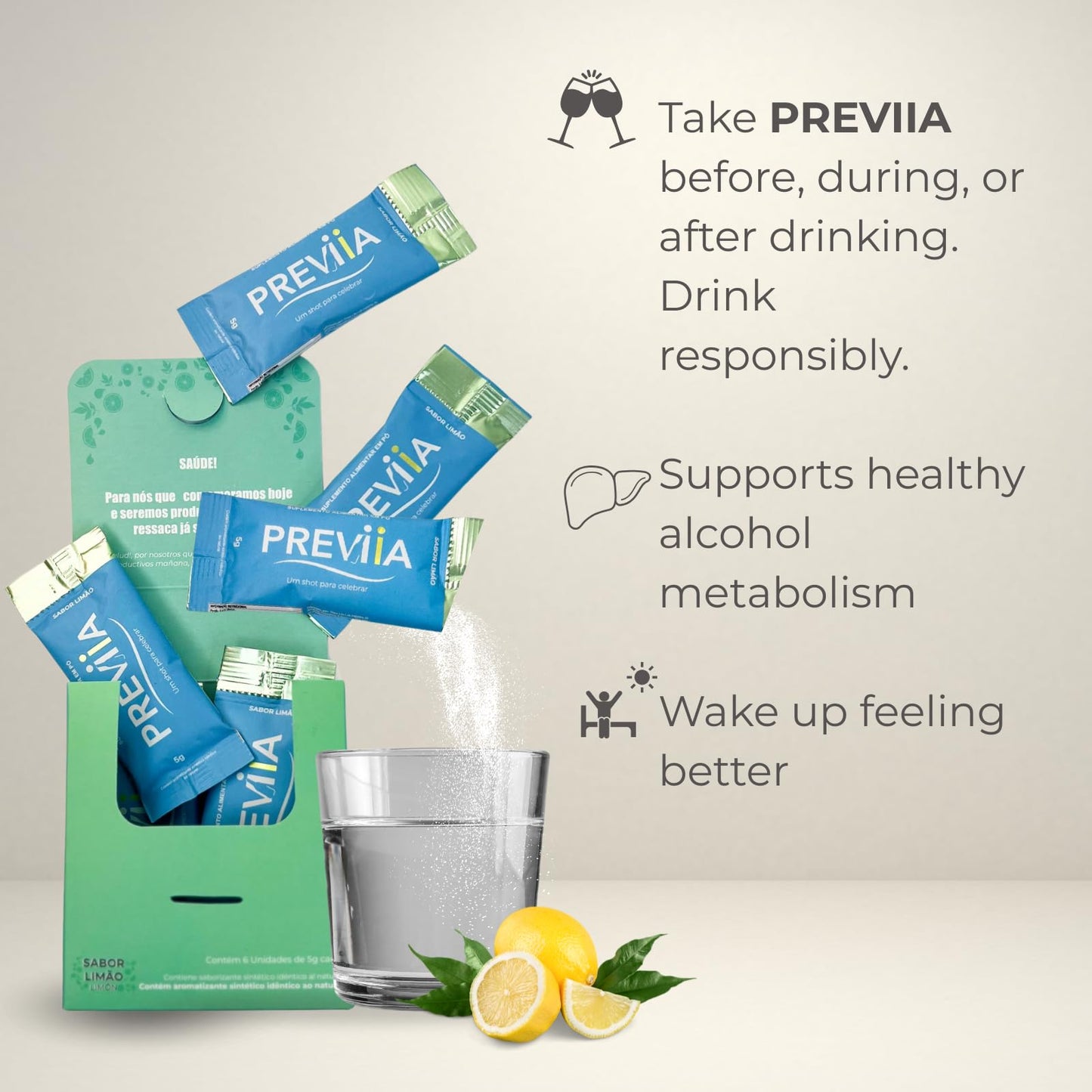 Previia – Pre-Drink Supplement | Nutrients Before Social Drinking | Cysteine, Choline, B-Complex, Magnesium, VIT C | Lemon Flavor | Soluble Drink | 6 Doses | Feel Better After Drinking - dailyvitalstore