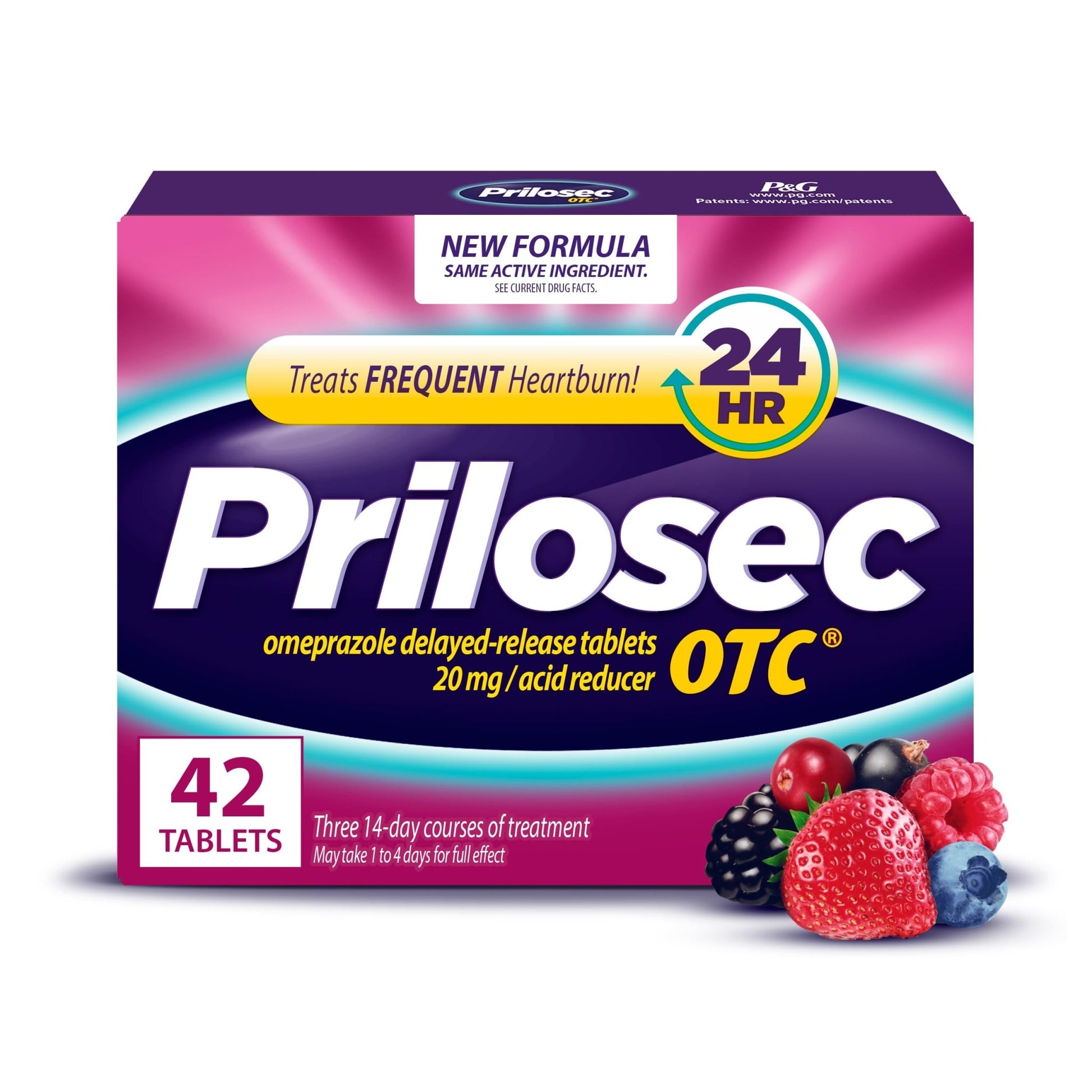 Prilosec OTC, Omeprazole Delayed Release 20mg, Acid Reducer, Treats Frequent Heartburn for 24 Hour Relief, All Day, All Night*, Heartburn Medicine, 20mg, Wildberry Flavor, 42 Tablets - dailyvitalstore