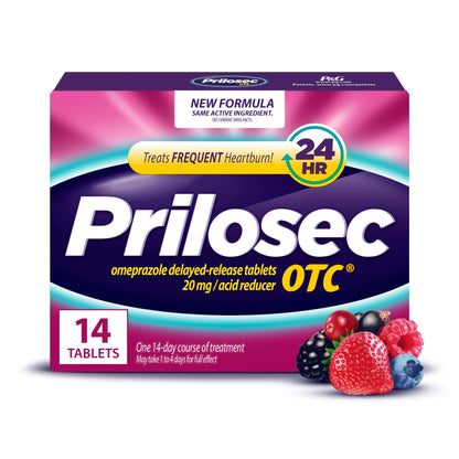 Prilosec OTC, Omeprazole Delayed Release 20mg, Acid Reducer, Treats Frequent Heartburn for 24 Hour Relief, All Day, All Night*, Heartburn Medicine, 20mg, Wildberry Flavor, 14 Tablets - dailyvitalstore